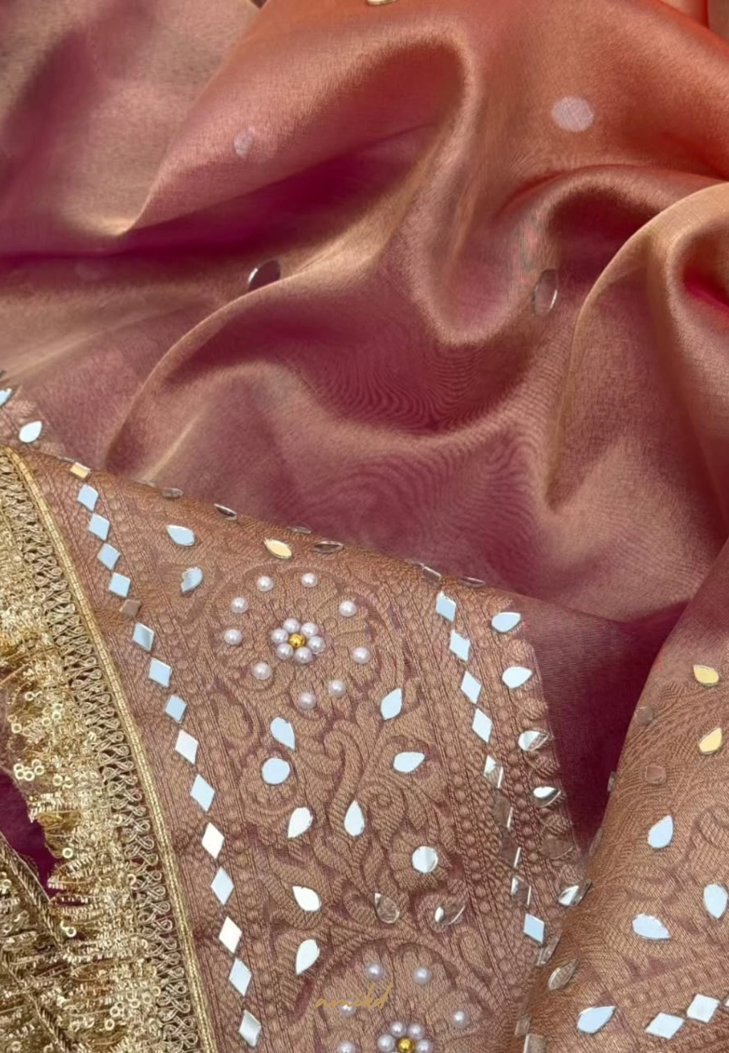 Beige Tissue Silk Saree with Rose Gold Contrast Pallu & Hand Embellished Border