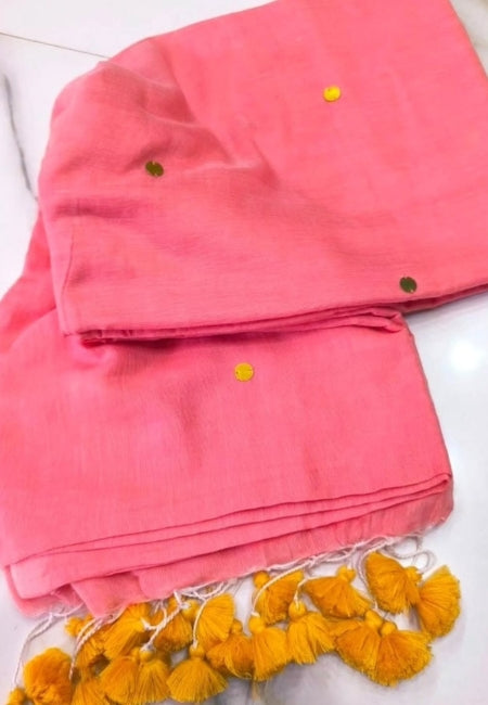 Elegant Peach Mulmul Cotton Saree with Embroidery Detailing