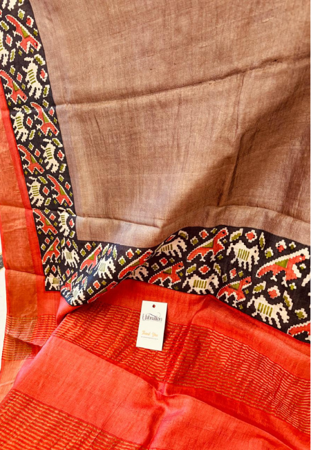 Pure Tussar Silk Handloom Saree – Earthy Brown with Red & Black Border