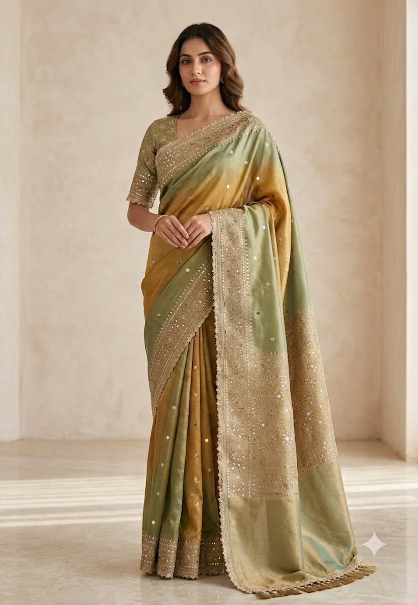 Olive Gold Tissue Silk Saree with Mirror Work & Designer Border