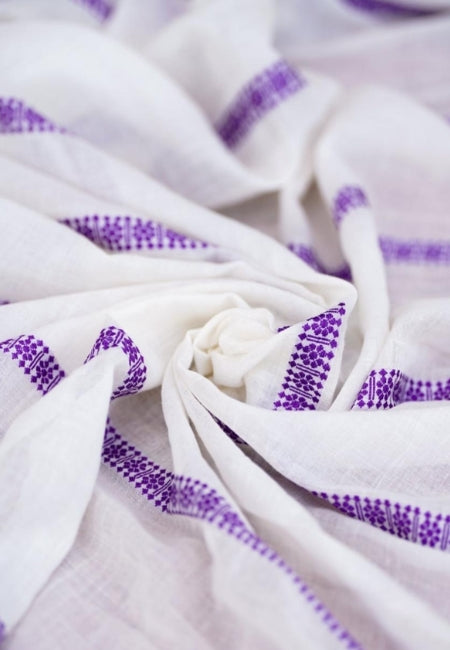 Elegant White Pure Mulmul Cotton Saree with Purple Border