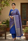 Unstitched Banarasi Soft Katan Silk Plain Suit in Royal Blue with Heavy Jaal Weaving Dupatta