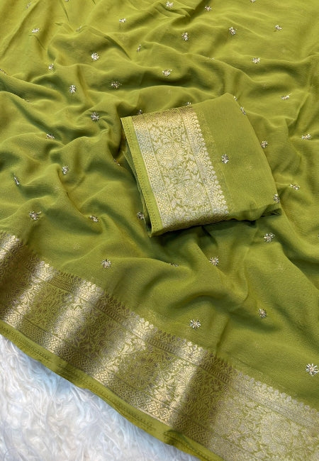 Olive Green Chiffon Party Wear Saree with Gold Jacquard Border & Elegant Bead Work
