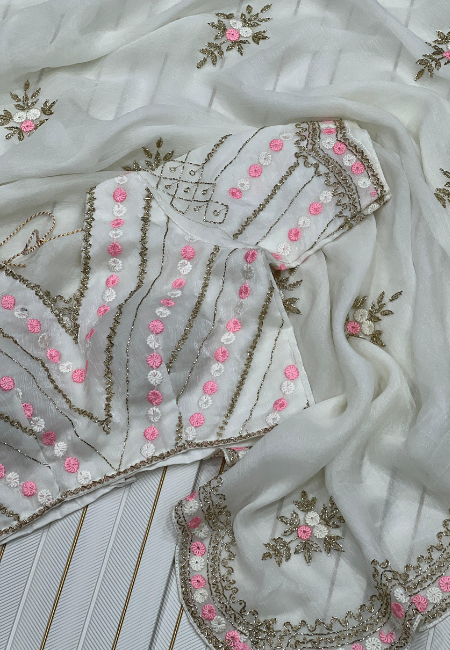 White Fandy Chiffon Saree with Pink & Golden Embroidery