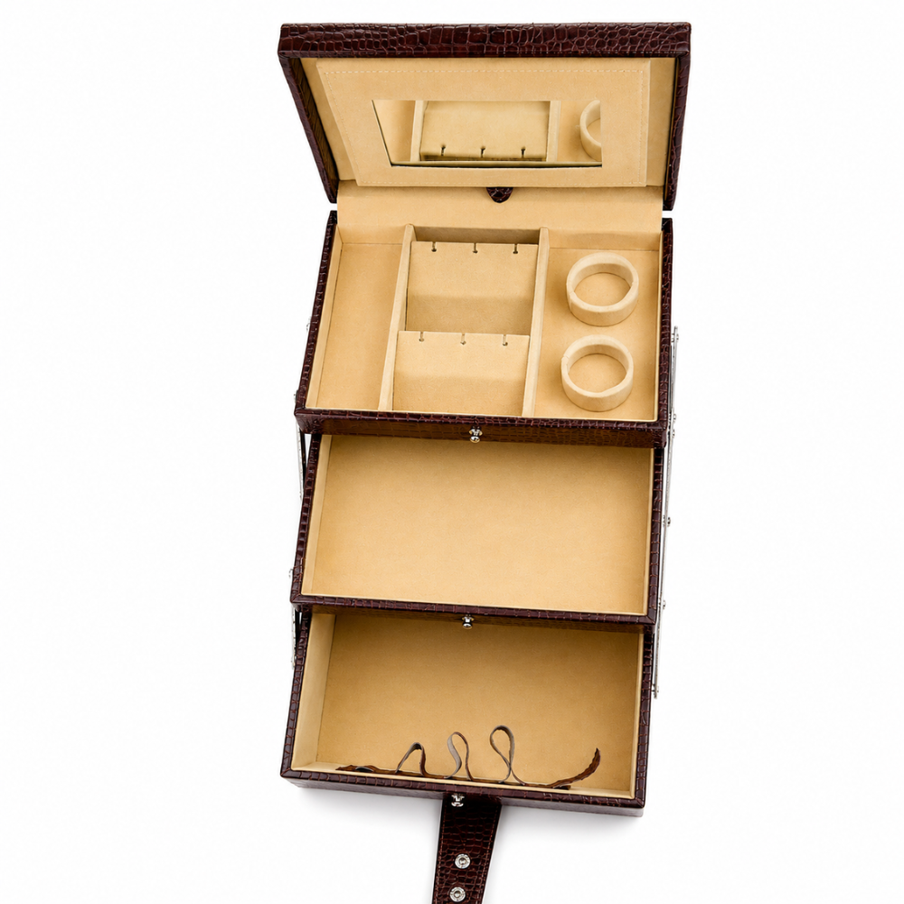 Luxury Brown Crocodile Leather Jewellery Vanity Box with Mirror, Multi-Layer Expandable Storage & Portable Travel Organizer (20.32 × 17.27 × 16.51 cm)