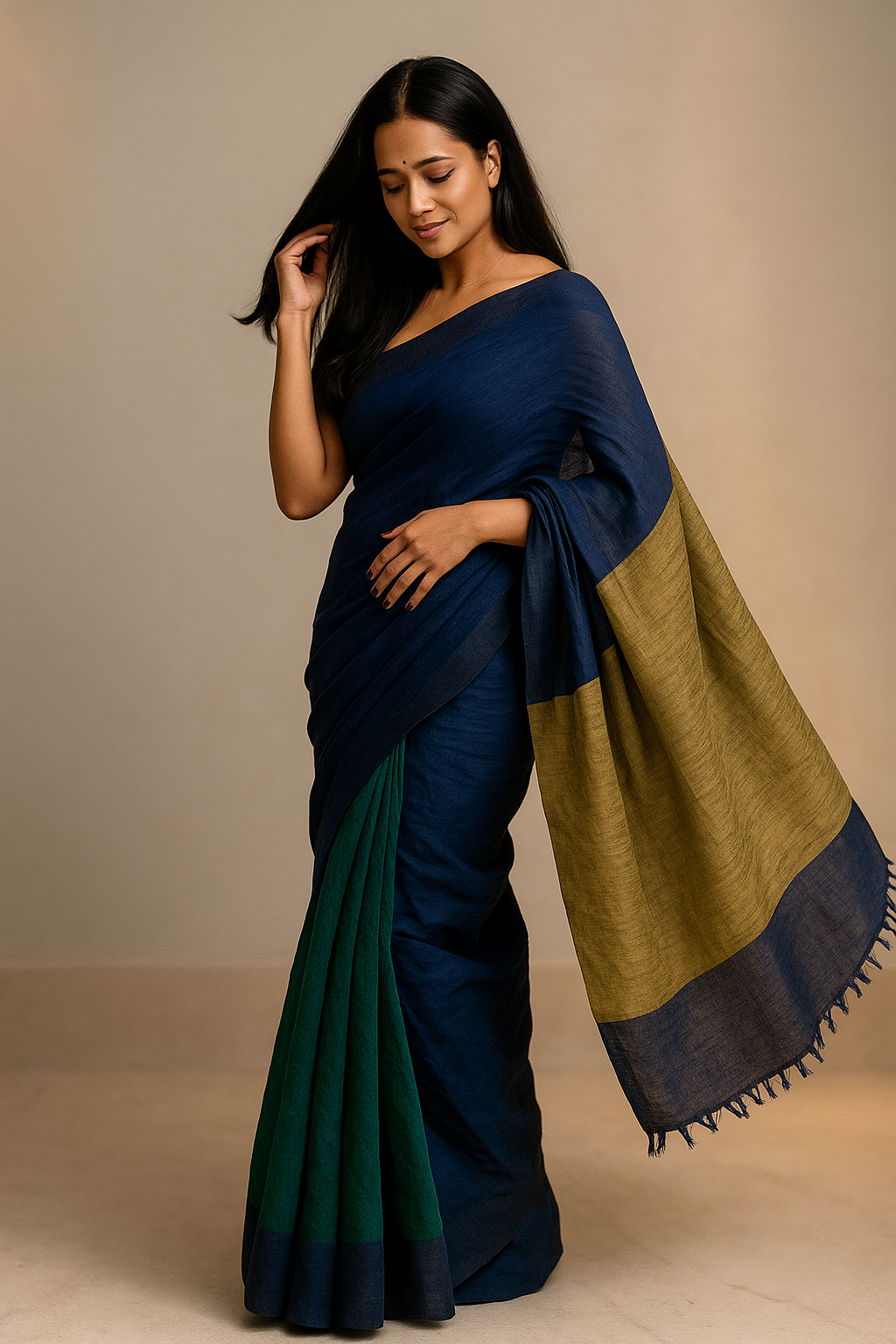 Azure Blossom Pure Linen Saree in Blue & Green