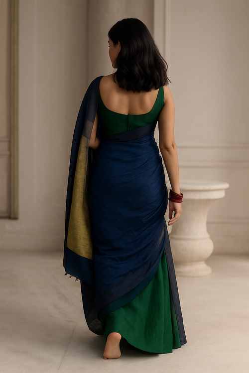 Azure Blossom Pure Linen Saree in Blue & Green