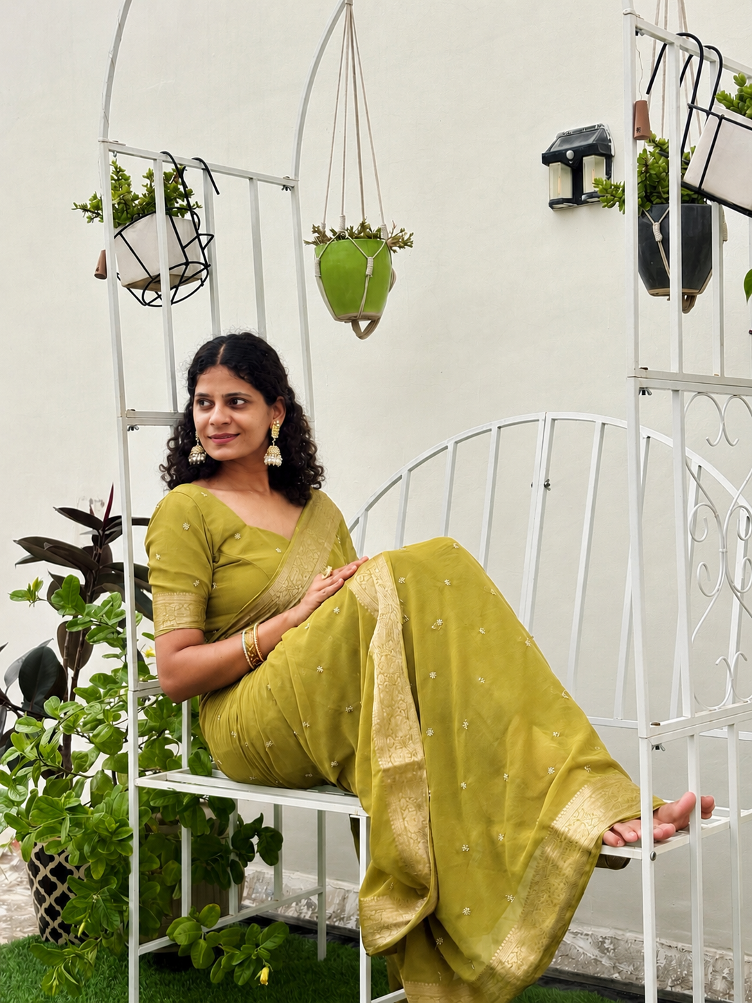 Olive Green Chiffon Party Wear Saree with Gold Jacquard Border & Elegant Bead Work