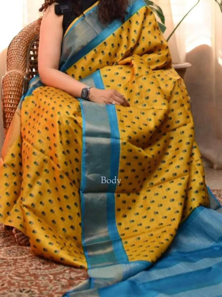 Golden Horizon Handcrafted Yellow Pure Tussar Silk Saree with Blue Border