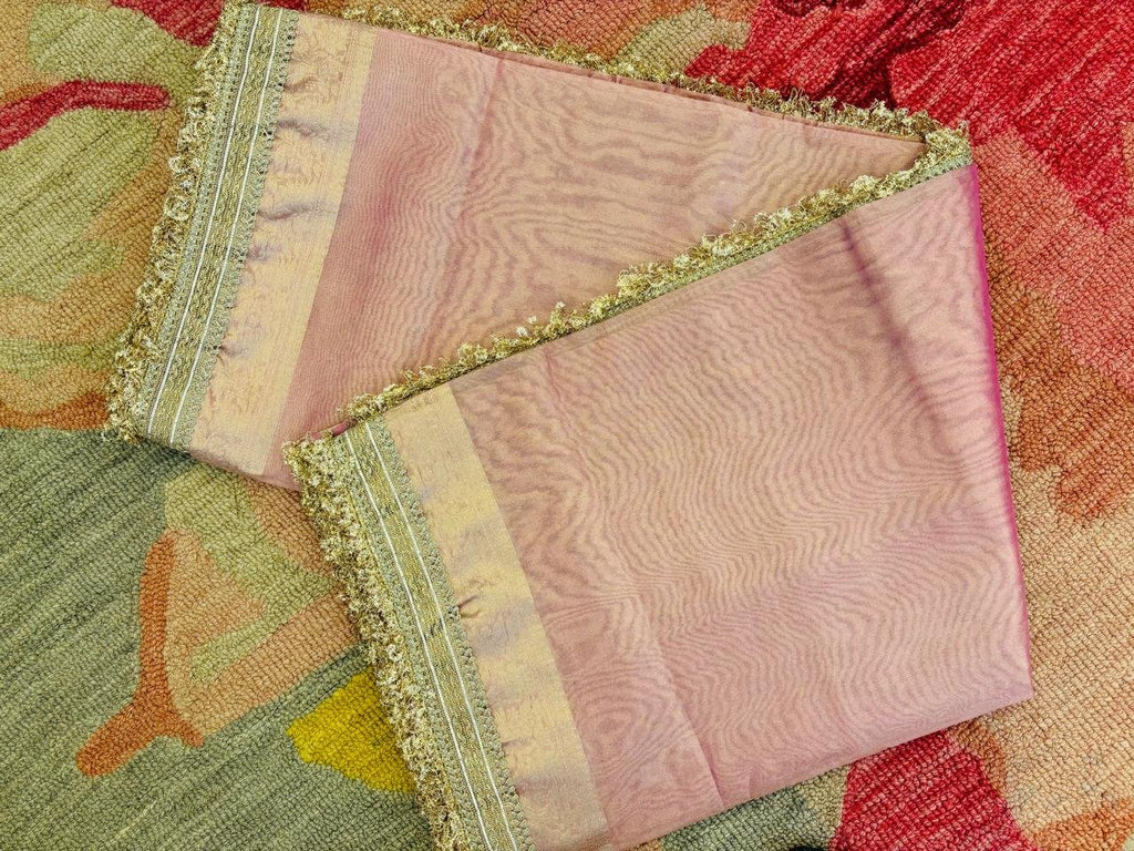 Rose Pink Banarasi Premium Semi Tissue Silk Saree with Beautiful Lace Work Border