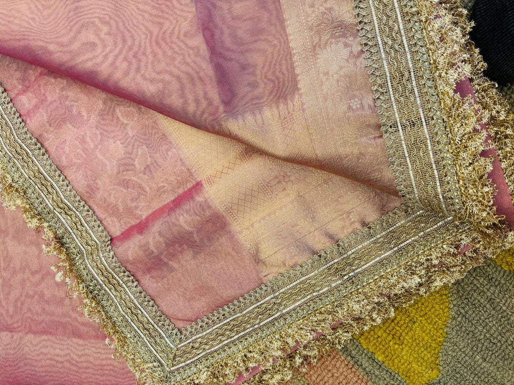 Rose Pink Banarasi Premium Semi Tissue Silk Saree with Beautiful Lace Work Border