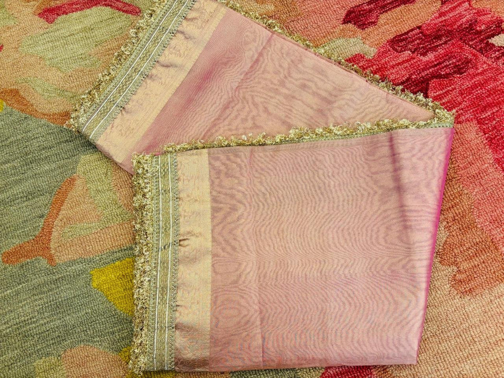 Rose Pink Banarasi Premium Semi Tissue Silk Saree with Beautiful Lace Work Border