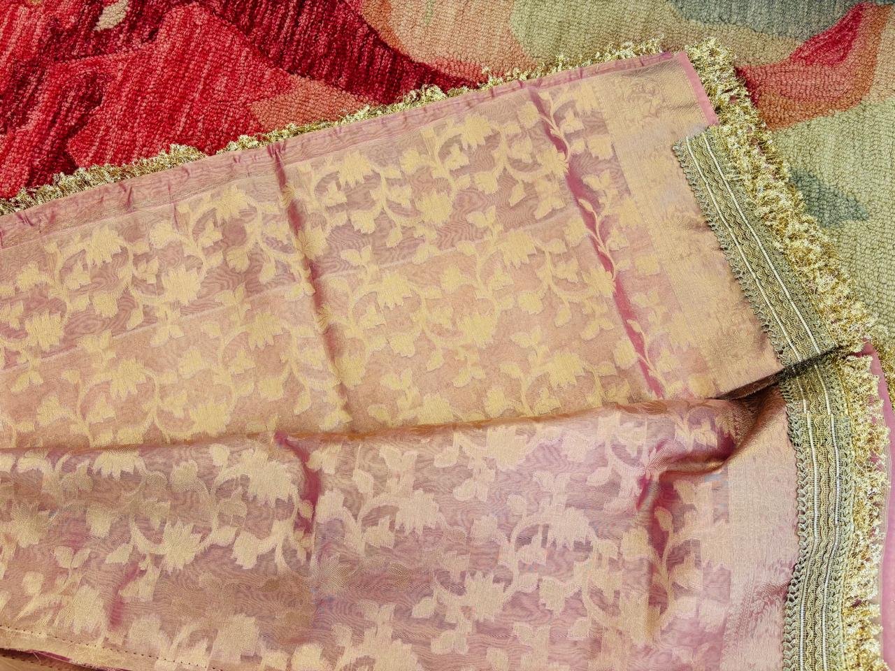 Rose Pink Banarasi Premium Semi Tissue Silk Saree with Beautiful Lace Work Border