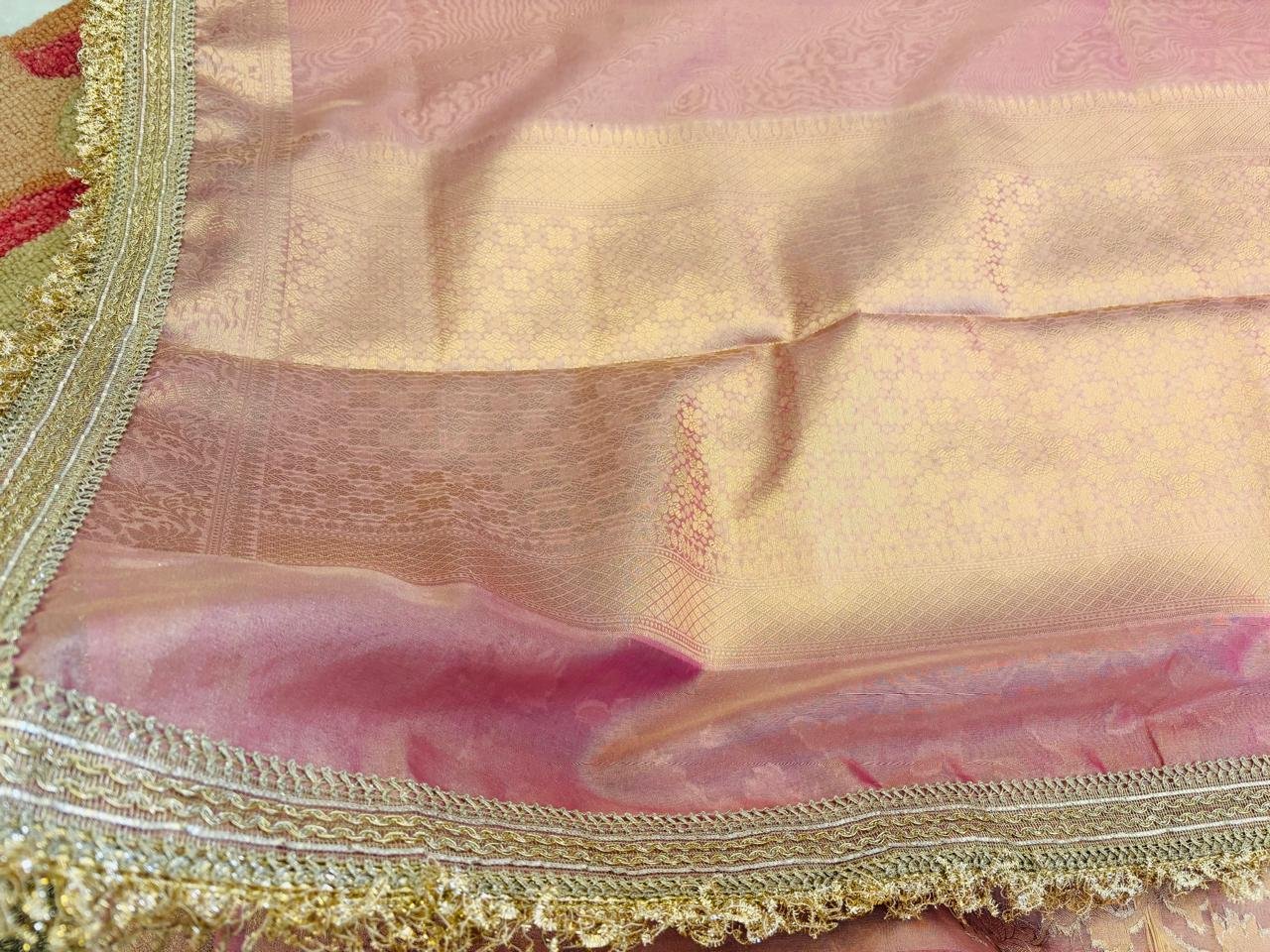 Rose Pink Banarasi Premium Semi Tissue Silk Saree with Beautiful Lace Work Border