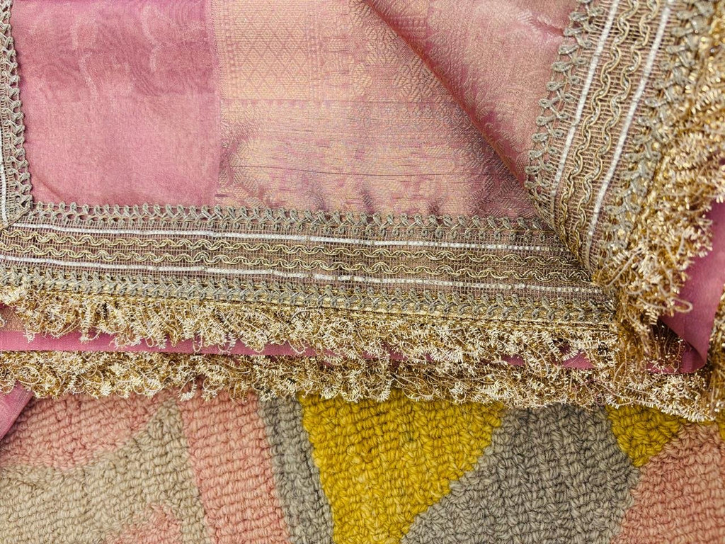 Rose Pink Banarasi Premium Semi Tissue Silk Saree with Beautiful Lace Work Border