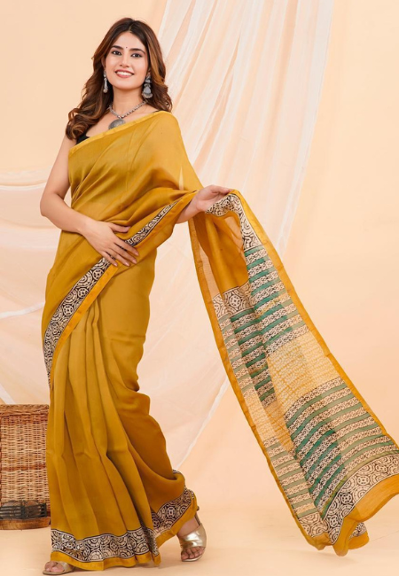 Sunshine Tradition Hand Block Printed Chanderi Cotton Silk Saree