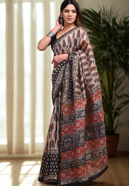 Elegant Handblock Chanderi Cotton Silk Saree  Multi Motif Design