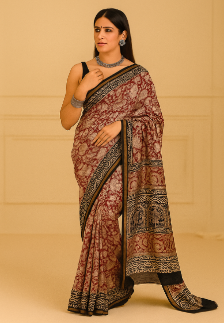 Hand Block Printed Chanderi Saree in Red Floral & Black Border
