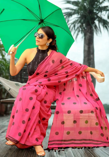 Pink Polka Dot Mul Cotton Saree (No Blouse)