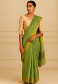 Olive Green Linen Saree with a Touch of Golden Eleganc