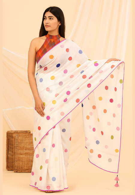 White Mul Cotton Saree with Multicolor Polka Embroidery (No Blouse)