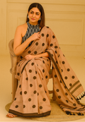 Blush Pink Mul Cotton Saree with Black Polka Dots (No Blouse)