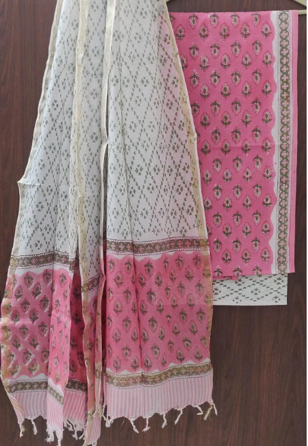 Unstitched Bright Pink & Ivory Hand Block Print 3pc Cotton Suit Set with Pure Cotton Dupatta