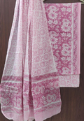 Unstitched Soft Pink Floral Hand Block Print 3pc Suit Set with Pure Cotton Dupatta