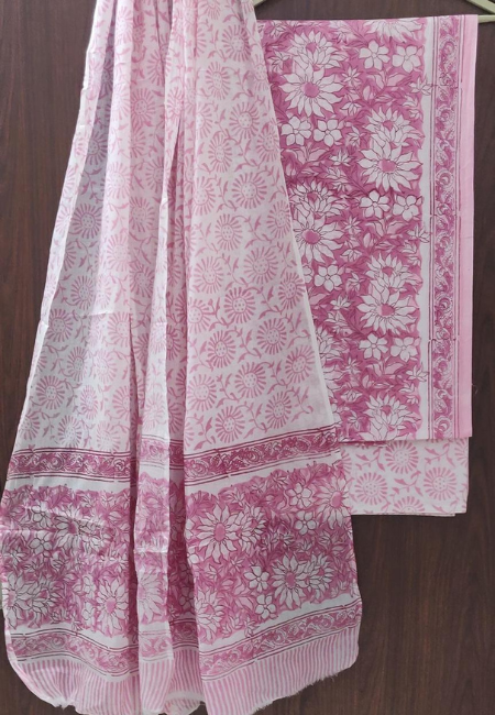 Unstitched Soft Pink Floral Hand Block Print 3pc Suit Set with Pure Cotton Dupatta