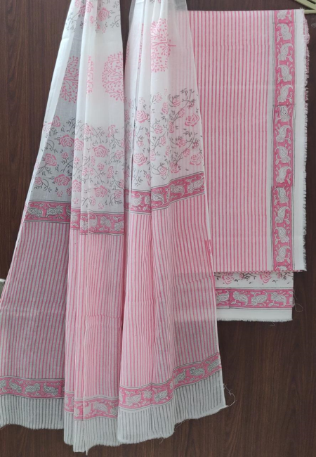 Unstitched Soft Pink Hand Block Print 3pc Suit Set with Pure Cotton Dupatta