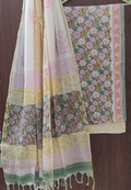 Unstitched Soft Green & Blush Pink Floral Hand Block Printed 3pc Cotton Suit Set with Pure Cotton Dupatta
