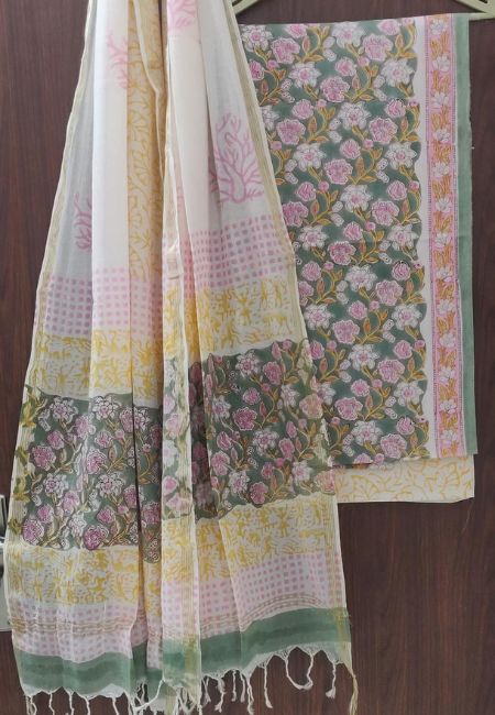 Unstitched Soft Green & Blush Pink Floral Hand Block Printed 3pc Cotton Suit Set with Pure Cotton Dupatta