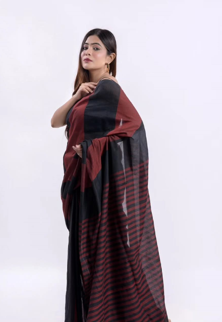 Black & Maroon Striped Khadi Cotton Saree