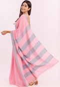 Pink & Grey Striped Khadi Cotton Saree