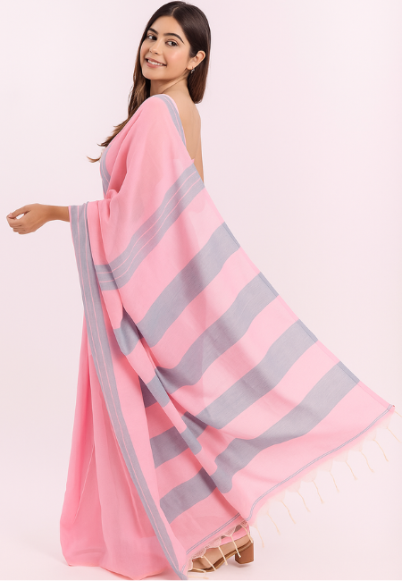 Pink & Grey Striped Khadi Cotton Saree