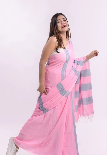 Pink & Grey Striped Khadi Cotton Saree
