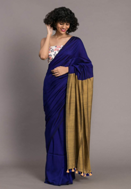 Royal Blue Mul Cotton Saree – Soft Gold Pallu