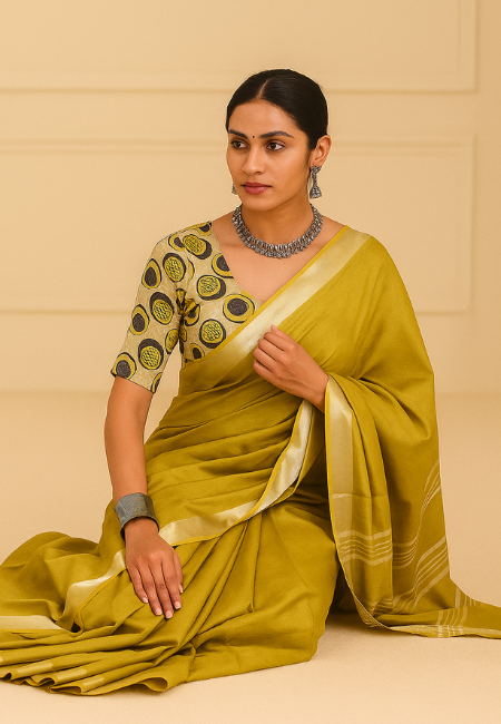 Green Natural Linen Saree with Border
