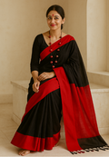 Red & Black Handwoven Linen Elegance Saree