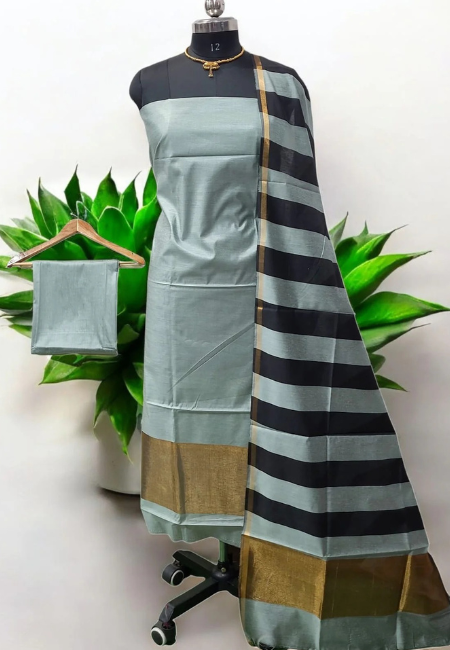 Unstitched Maheshwari Cotton Silk Suit with Stripe Dupatta – Silver Sage Green & Black Elegance