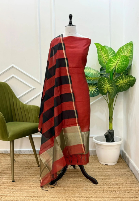 Unstitched Maheshwari Cotton Silk Suit with Stripe Dupatta – Brick Red & Black Elegance