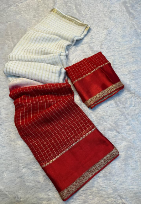 Elegant Red & Off-White Pure Viscose Chex Saree with Satin Patta Border