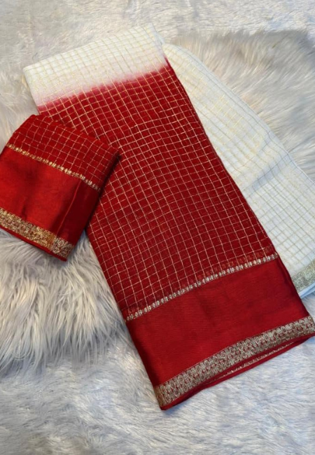 Elegant Red & Off-White Pure Viscose Chex Saree with Satin Patta Border