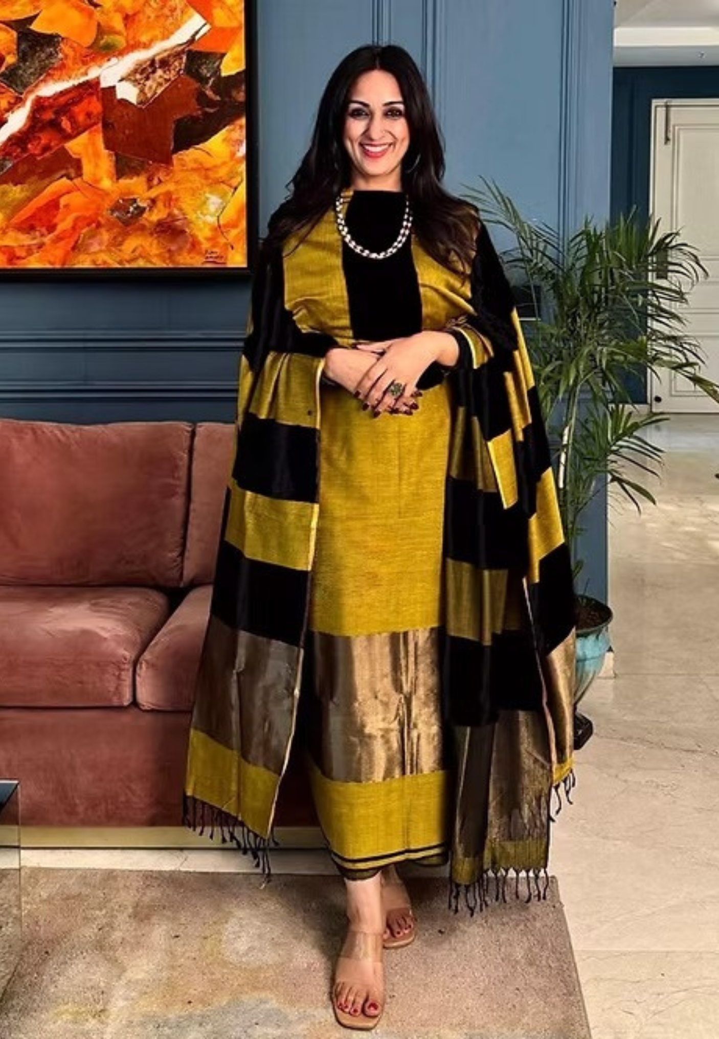 Unstitched Maheshwari Cotton Silk Suit with Resham Stripe Dupatta – Mustard Gold & Black Elegance