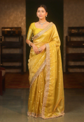 Banarasi Semi Katan Softy Silk Saree in Yellow – Elegant Lace Border & Zari Detailing