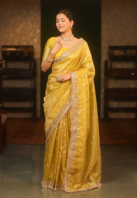 Banarasi Semi Katan Softy Silk Saree in Yellow – Elegant Lace Border & Zari Detailing