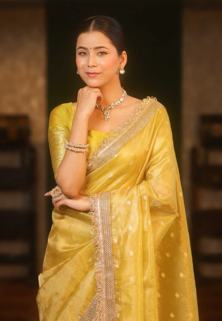Banarasi Semi Katan Softy Silk Saree in Yellow – Elegant Lace Border & Zari Detailing