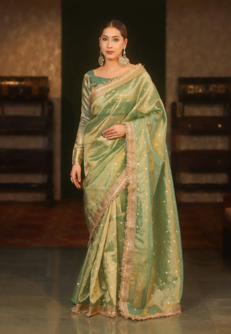 Banarasi Semi Tissue Silk Saree in Green – Luxurious Lace Border & Zari Detailing