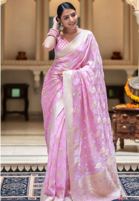 Blush Pink Semi-Georgette Silk Water Zari Saree – Lightweight & Graceful Drape