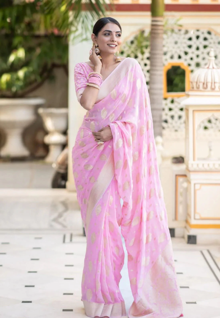 Blush Pink Semi-Georgette Silk Water Zari Saree – Lightweight & Graceful Drape